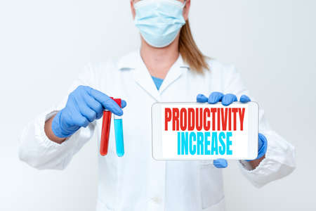 Conceptual caption Productivity Increase. Business concept get more things done Output per unit of Product Input Studying New Medical Technology Presenting Medicine For The Virusの写真素材