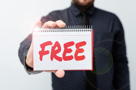 Text sign showing Free. Word for Enjoying personal rights and liberty Not under any control and power Presenting New Plans And Ideas Demonstrating Planning Processの写真素材