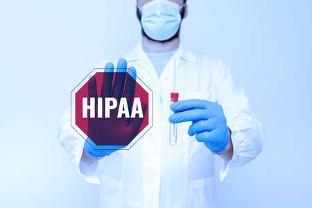 Text caption presenting Hipaa. Business concept Acronym stands for Health Insurance Portability Accountability Doctor Explaining Laboratory Test Result, Nurse Gather Specimen For Testingの写真素材