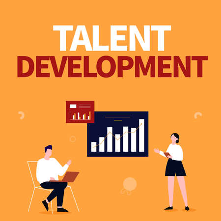 Conceptual caption Talent Development. Business overview Building Skills Abilities Improving Potential Leader Man Using Laptop And Girl Standing Sharing Ideas For Improvement.の写真素材