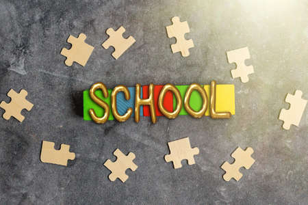 Text caption presenting School. Business overview any institution which instruction is given in particular discipline Stack of Sample Cube Rectangular Boxes On Surface Polished With Multi-Colourの写真素材