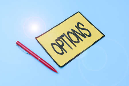 Text caption presenting Options. Word Written on the opportunity or ability to choose something or to choose Colorful Office Supplies Bright Workplace Stuff Workshop Materialsの写真素材