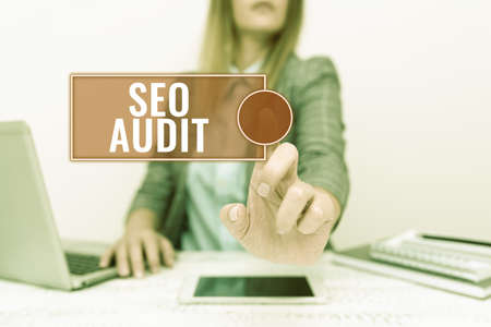 Writing displaying text Seo Audit. Conceptual photo Search Engine Optimization validating and verifying process Architect Interviewing Client, Reporther Gathering Important Informationsの写真素材