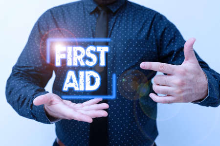 Text caption presenting First Aid. Word for Practise of healing small cuts that no need for medical training Presenting New Plans And Ideas Demonstrating Planning Processの写真素材