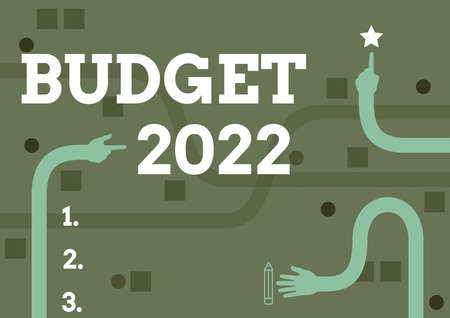 Text caption presenting Budget 2022. Concept meaning estimate of income and expenditure for next or current year Three Long Hands Drawing Arms Pointing Fingers Touching Mobile.の写真素材