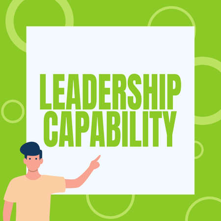 Text sign showing Leadership Capability. Word for what a Leader can build Capacity to Lead Effectively Gentleman Drawing Standing Pointing Finger In Blank Whiteboard.の写真素材
