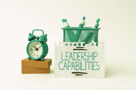 Conceptual caption Leadership Capabilities. Word Written on Set of Performance Expectations a Leader Competency Tidy Workspace Setup Writing Desk Tools And Equipment Time Managementの写真素材