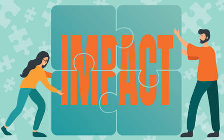 Handwriting text Impact. Internet Concept action of one object coming forcibly into contact with another Colleagues Drawing Fitting Four Pieces Of Jigsaw Puzzle Together Teamwork.の写真素材