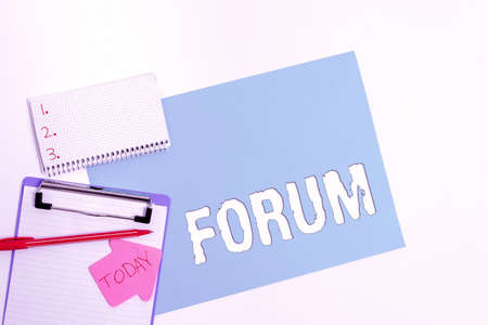 Inspiration showing sign Forum. Conceptual photo the place or section of a website that is used for public discussion Display of Different Color Sticker Notes Arranged On flatlay Lay Backgroundの写真素材