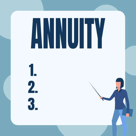 Inspiration showing sign Annuity. Business showcase fixed sum of money paid to someone each year Series of payments Lady Standing Holding Notebook While Pointing Stick In Blank Whiteboard.の写真素材