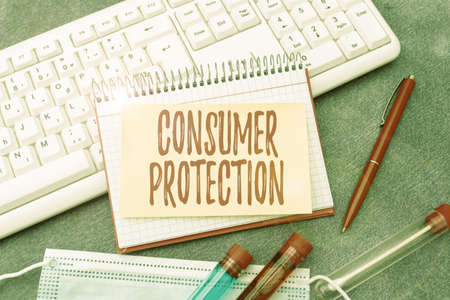 Text caption presenting Consumer Protection. Business overview Fair Trade Laws to ensure Consumers Rights Protection Typing Medical Notes Scientific Studies And Treatment Plansの写真素材