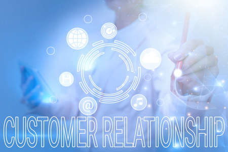 Inspiration showing sign Customer Relationship. Business idea Deal and Interaction between Company and Consumers Business Woman Touching Futuristic Virtual Display Holographic Interface.の写真素材