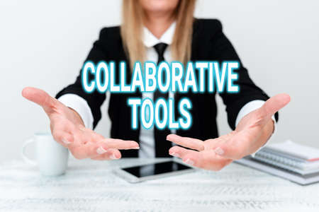 Text sign showing Collaborative Tools. Word for Private Social Network to Connect thru Online Email Presenting Corporate Business Data, Discussing Company Problemsの写真素材
