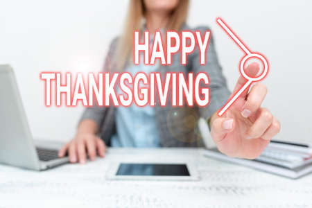 Conceptual display Happy Thanksgiving. Business overview Harvest Festival National holiday celebrated in November Architect Interviewing Client, Reporther Gathering Important Informationsの写真素材