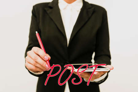 Sign displaying Post. Business idea a piece of writing, image, or other item of content published online Presenting New Technology Ideas Discussing Technological Improvementの写真素材