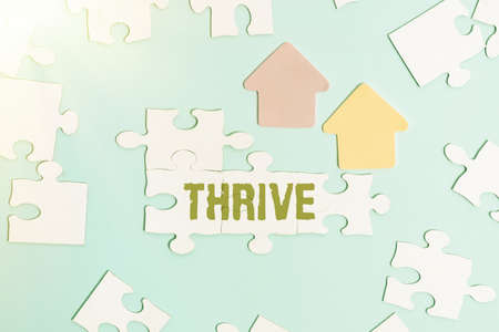 Text sign showing Thrive. Business idea Think positively Continue to prosper and flourish Time to Blossom Building An Unfinished White Jigsaw Pattern Puzzle With Missing Last Pieceの写真素材