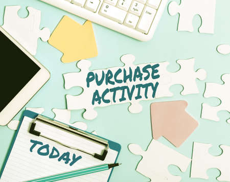 Text caption presenting Purchase Activity. Concept meaning Acquiring goods to achieve the goals of...