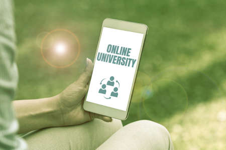 Text showing inspiration Online University. Business showcase Distance Learning Courses are taken...