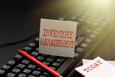 Text sign showing Inventory Management. Internet Concept Overseeing Controlling Storage of Stocks and Prices Abstract Typing A Good Restaurant Review, Ordering Food Online Conceptの写真素材