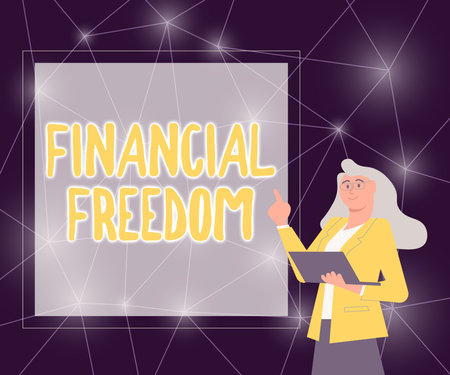 Text showing inspiration Financial Freedom. Word Written on Having money Free from worry when it comes to cash flow Illustration Of Businesswoman Standing Holding Her Laptop Presenting Ideas.の写真素材