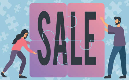 Handwriting text Sale. Word Written on event of putting products on high discount Great price Black Friday Colleagues Drawing Fitting Four Pieces Of Jigsaw Puzzle Together Teamwork.の写真素材