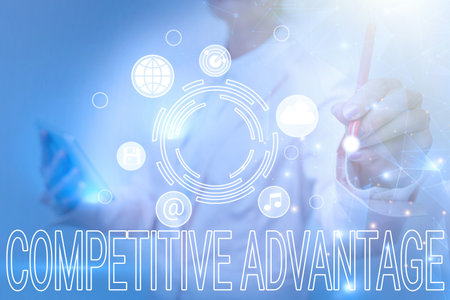 Text showing inspiration Competitive Advantage. Business approach Company Edge over another Favorable Business Position Business Woman Touching Futuristic Virtual Display Holographic Interface.の写真素材