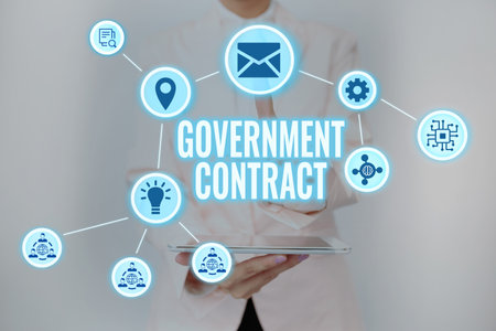 Conceptual display Government Contract. Business showcase Agreement Process to sell Services to the Administration Lady Holding Tablet Pressing On Virtual Button Showing Futuristic Tech.の写真素材