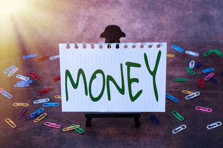 Writing displaying text Money. Conceptual photo a current medium of exchange in the form of coins and banknotes Thinking New Bright Ideas Renewing Creativity And Inspirationの写真素材