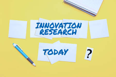 Text caption presenting Innovation Research. Word Written on Existing Products Services come into New Being Critical Thinking Finding Clues Answering Questions Collecting Dataの写真素材