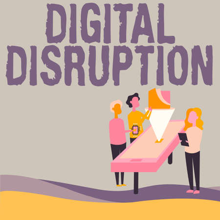 Conceptual display Digital Disruption. Word for Changes that affect technology markets Product makeover Colleagues Drawing Standing Beside Table Projection Graph Chart.の写真素材