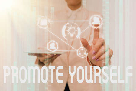 Handwriting text Promote Yourself. Word Written on market and introduce to others Improvement Encourage Lady In Uniform Touching And Using Futuristic Holographic Technology.の写真素材