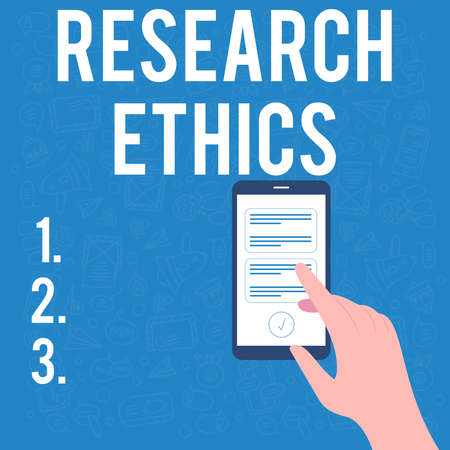 Text caption presenting Research Ethics. Conceptual photo interested in the analysis ofethicalissues that raised Illustration Of Hand Using Smart Phone Texting New Important Messages.の写真素材