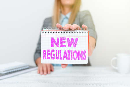 Inspiration showing sign New Regulations. Word Written on Regulation controlling the activity usually used by rules. New Business Presentation Ideas, Displaying Plans And Designsの写真素材