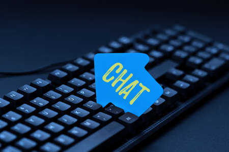 Text sign showing Chat. Word Written on take part in a discussion that involves sending messages over internet Word Processing Program Ideas, Logging Programming Updates Conceptの写真素材