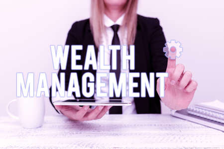 Text sign showing Wealth Management. Business showcase Sustain and grow long term prosperity Financial care App Developer Presenting New Program, Displaying Upgraded Deviceの写真素材