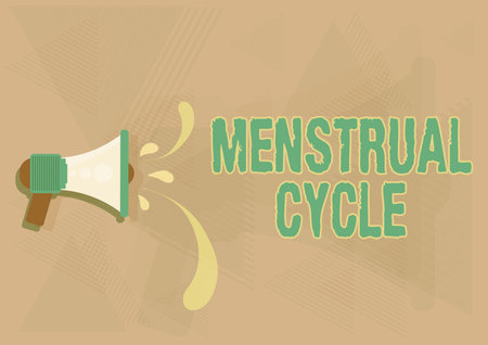 Text sign showing Menstrual Cycle. Word Written on monthly cycle of changes in the ovaries and uterus lining Illustration Of Megaphone Throwing Out Water Drops Making Announcement.の写真素材