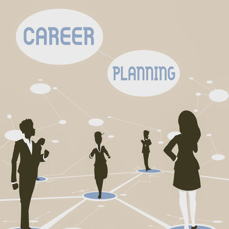 Text sign showing Career Planning. Concept meaning stepwise planning of one s is possible professional career Several Team Members Standing Separate Thinking Connected Lines On Floor.の写真素材