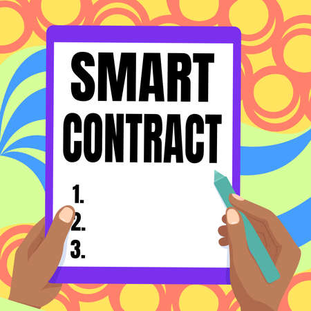 Inspiration showing sign Smart Contract. Internet Concept digital agreement to control the transfer of digital currencies Drawing Of Both Hands Holding Tablet Lightly Presenting Wonderful Ideasの写真素材