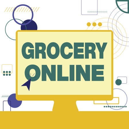 Text sign showing Grocery Online. Business idea digital version of supermarket accepting online ordering Illustration Of Cursor In Blank Screen Monitor Searching Ideas.の写真素材