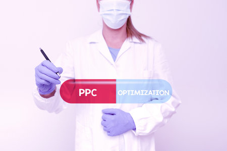 Text showing inspiration Ppc Optimization. Concept meaning Enhancement of search engine platform for pay per click Demonstrating Medical Ideas Presenting New Scientific Discoveryの写真素材