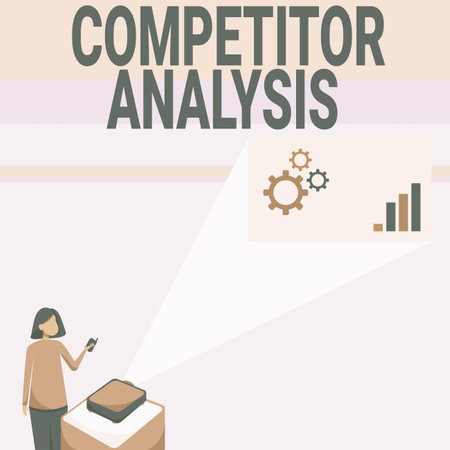 Conceptual caption Competitor Analysis. Word for Determine the Strength Weakness of Competitive Market Lady Standing Holding Projector Remote Control Presenting Graph Growth.の写真素材