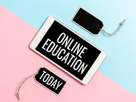 Text caption presenting Online Education. Word for study and ethical practice of facilitating learning Technological Difference And Choices Communication Problems And Solutionsの写真素材