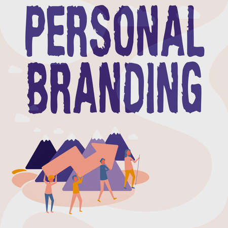 Writing displaying text Personal Branding. Word Written on Practice of People Marketing themselves Image as Brands Four Colleagues Illustration Climbing Mountain Holding Large Arrow.の写真素材