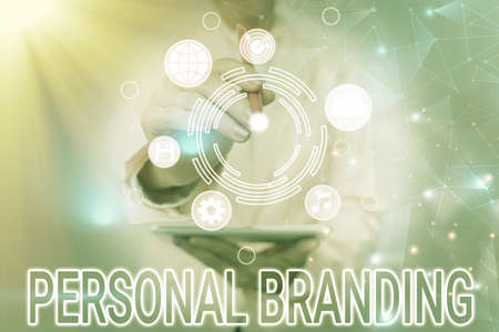 Inspiration showing sign Personal Branding. Business concept Practice of People Marketing themselves Image as Brands Business Woman Touching Futuristic Virtual Display Holographic Interface.の写真素材
