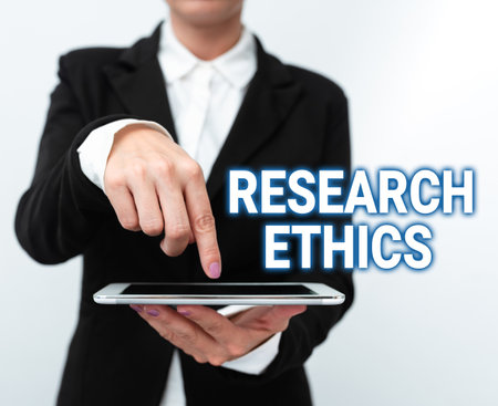 Conceptual caption Research Ethics. Word Written on interested in the analysis ofethicalissues that raised Presenting New Technology Ideas Discussing Technological Improvementの写真素材