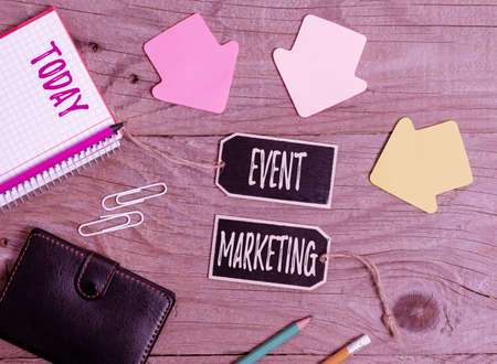 Writing displaying text Event Marketing. Internet Concept describes process of developing display to promote product Collection of Blank Empty Sticker Tags Tied With A String For Information Labelの写真素材