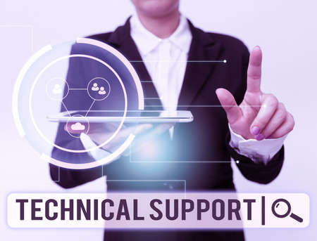 Text caption presenting Technical Support. Business concept Repair and advice services to users of their products Woman In Suit Holding Tablet Pointing Finger On Futuristic Virtual Button.の写真素材