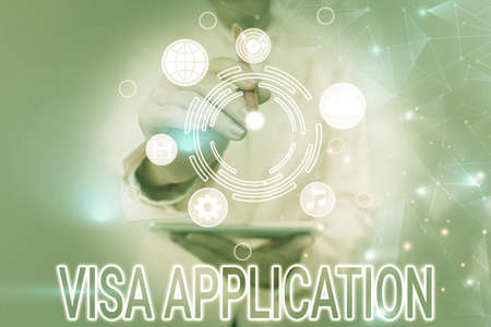 Handwriting text Application. Business overview Form to ask permission travel or live in another country Business Woman Touching Futuristic Virtual Display Holographic Interface.の写真素材