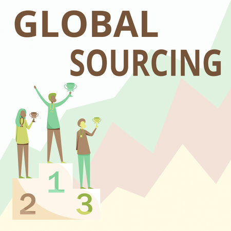 Conceptual display Global Sourcing. Business approach practice of sourcing from the global market for goods Three Competitors Standing On Podium Holding Trophies Celebrating Victory.の写真素材