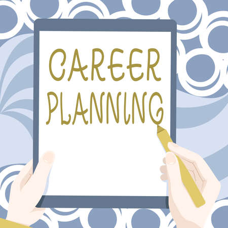Conceptual caption Career Planning. Internet Concept stepwise planning of one s is possible professional career Drawing Of Both Hands Holding Tablet Lightly Presenting Wonderful Ideasの写真素材